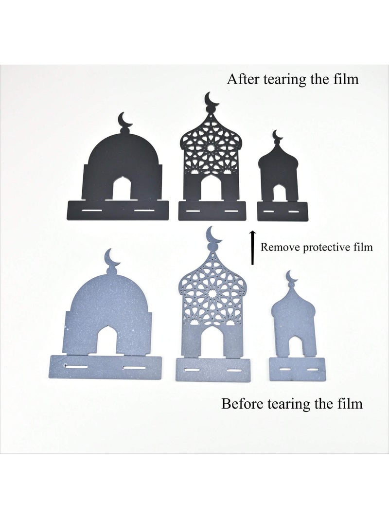 زينه رمضان زينة أكريليك من 3 قطع  بتصميم مسجد وهلال – ديكور طاولة إسلامي للمجالس والبيت - Image 3